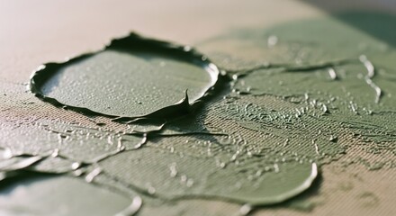 Close-up of textured green paint on canvas with raised, cracked edges