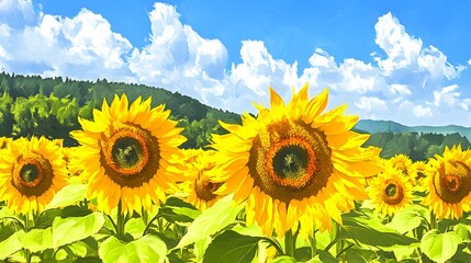 Vibrant Sunflower Field Landscape Painting Style