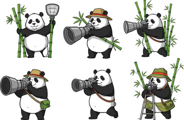 PrintCute cartoon pandas photographing with camera, exploring bamboo forest, wildlife adventure, funny animal vector illustration for kids and nature lovers