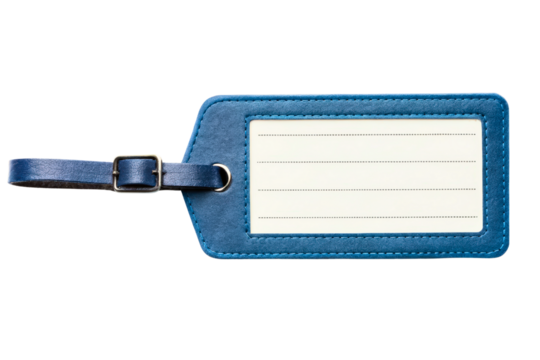 Blue leather luggage tag with a blank identification card isolated with transparent background - Powered by Adobe