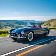 Fototapeta premium Classic american convertible car cruising scenic mountain highway under bright blue sky