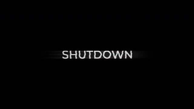 shutdown text animation in white with a glitch effect. Suitable for tech articles, website banners, social media posts, and cybersecurity content. 4k