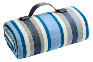 Rolled blue and gray striped picnic blanket with carrying strap isolated with transparent background