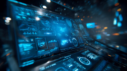 Futuristic digital control panel with glowing blue screens and data displays