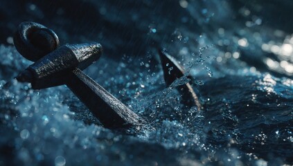 A weathered anchor battling turbulent waves in a dark, stormy sea