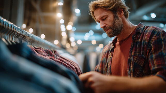 Casual male shopper in checkered flannel shirt browsing through garment collection in crowded fashion boutique with dynamic retail environment and natural lighting