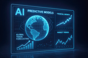 Advanced AI interface showing global trade forecasting financial growth and market trends with a rotating earth and data visualizations