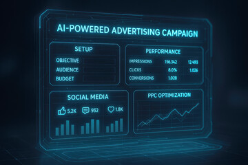 Advanced AI advertising campaign analytics dashboard with detailed performance metrics and social media engagement