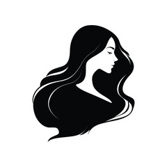Silhouette of a woman with long wavy hair in profile facing right with detailed facial features present
