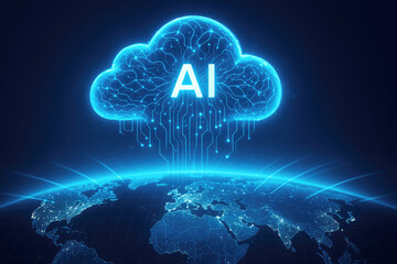 AI Brain Cloud Symbol Over a Digital Earth with Data Streams artificial intelligence technology