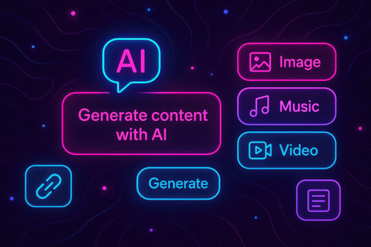 AI content creation concept with icons for text image music and video generation artificial intelligence