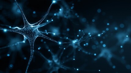 Glowing neural network nodes interconnected with luminous lines abstract blue background digital brain futuristic science artificial intelligence technology innovation energy