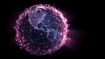 Digital technology abstracts connect world with glowing network lines and points forming vibrant globe on dark background, symbolizing innovation and global communication