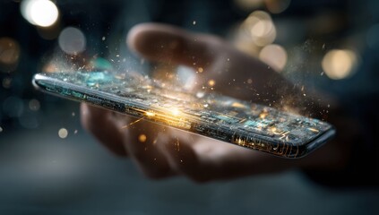 Hand holding a glowing smartphone with visible circuitry