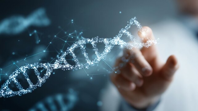 Technology and digital innovation blend with abstracts in this futuristic image showing hand interacting with glowing DNA strand symbolizing science and genetic research