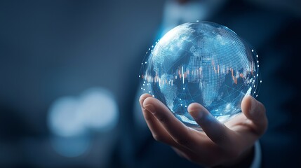 Business finance concept with person holding glowing digital globe showing financial data and stock market graph, symbolizing global economy and investment opportunities