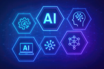 Digital AI and technology icons arranged in a hexagonal pattern with neon glow artificial intelligence