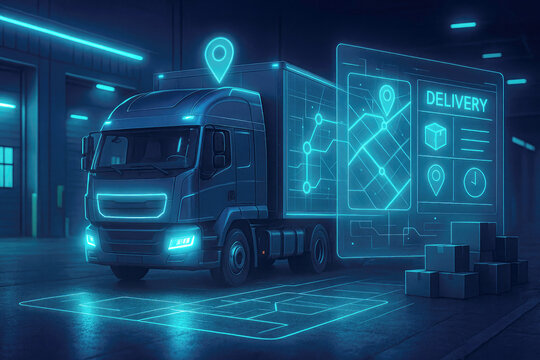 Delivery truck with holographic interface displaying logistics map and delivery icons transportation