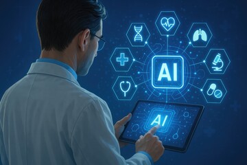 Doctor interacting with AI medical technology interface on tablet with icons artificial intelligence