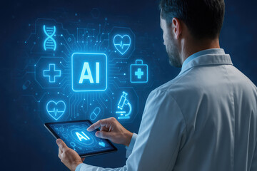 Doctor using tablet with AI medical icons and DNA helix artificial intelligence