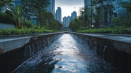 Modern cityscape features technology and digital abstracts with tranquil water flowing between urban buildings and lush greenery, creating peaceful yet innovative atmosphere