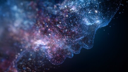 Technology and digital abstracts blend in cosmic network forming human face silhouette, symbolizing artificial intelligence, innovation and futuristic emotion