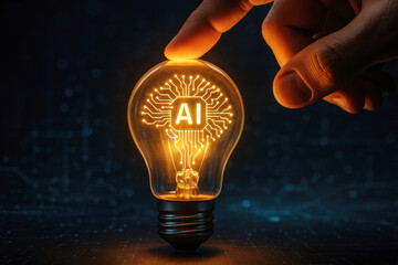 Finger touching glowing light bulb with AI chip and circuit board inside artificial intelligence idea