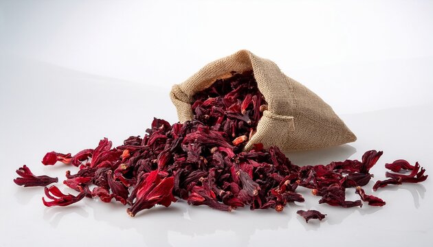 heap and pouch filled with dried hibiscus tea on white surface