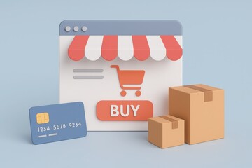Fototapeta premium Modern E-Commerce Concept with Shopping Cart and Laptop on Soft Blue Background
