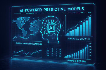 Futuristic AI interface displaying global trade forecasting financial growth and market trends with data charts and world map