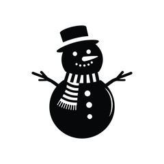 A black and white snowman with a hat and scarf standing with stick arms in a winter scene design