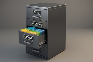 Modern office filing system with organized document drawers and digital labeling for efficient storage