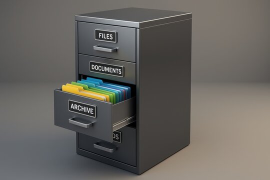 Modern office filing system with organized document drawers and digital labeling for efficient storage