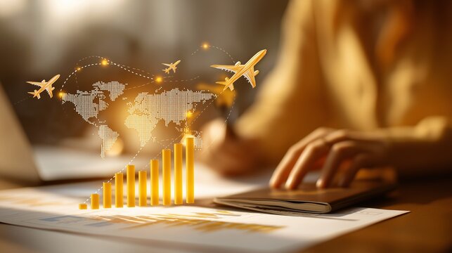 Travel agent planning itineraries with floating airplane icons, world map, and rising bar graph, representing global tourism growth, business success, and optimistic travel industry trends - Powered by Adobe