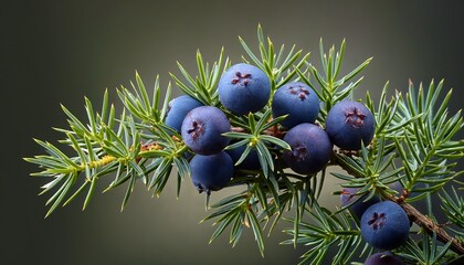 cluster of ripe juniper berries adorns a thorny stem