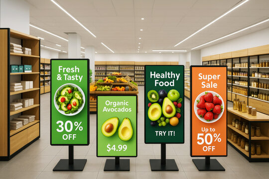 Grocery store aisle with digital displays advertising fresh produce and sales supermarket advertisement - Powered by Adobe