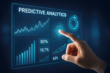 Hand touching predictive analytics dashboard with charts and graphs data technology