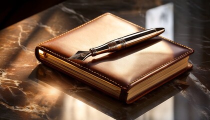 a vintage leather journal with a silver fountain pen resting on its cover bathed in soft sunlight on a marble surface evoking a sense of classic writing and reflection
