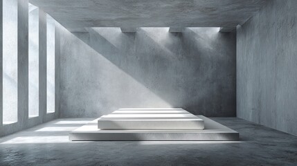 Obraz premium Minimalist Concrete Interior with Platform and Natural Light Streaming In Creates a Stark Yet Serene Atmosphere