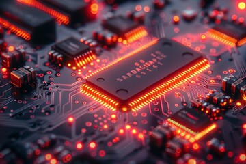 Close-up of Glowing Circuit Board with LED Lights