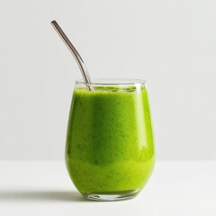 Refreshing Green Smoothie in Glass with Metal Straw