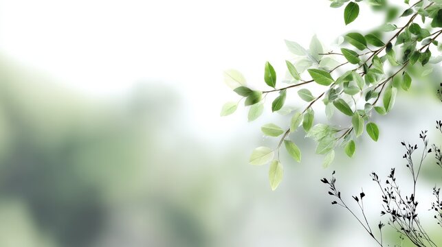 Fresh green leaves hanging on branches create a soft natural background for environmental themes.