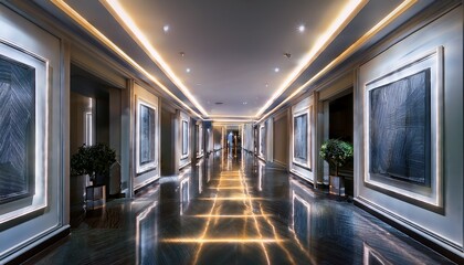 sleek modern corridor with illuminated art and polished floor