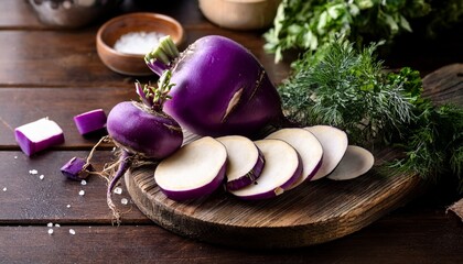 chopped purple turnips fresh herbs rustic setting food blog recipe image