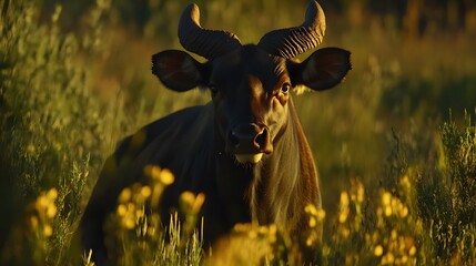 Majestic Dark Horned Cow in Golden Grassland