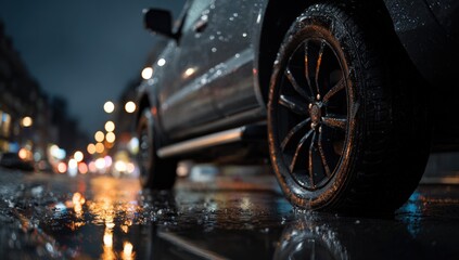 Rainy night city street scene with a vehicle