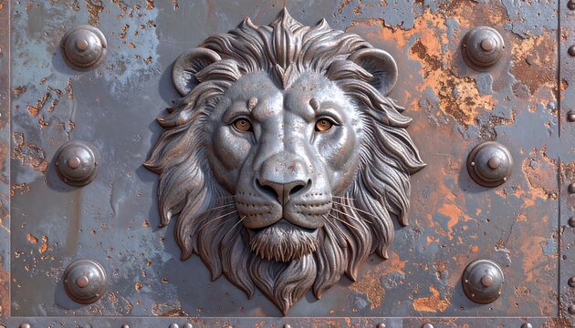 A detailed bas-relief lion's head, set against a textured metal surface with rust and rivets.