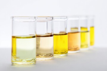 Transparent glassware set showcasing a gradient of liquid colors on a white background