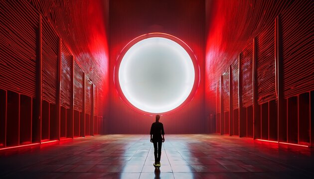 silhouette in a red corridor with a large glowing circle creates a mysterious futuristic vibe
