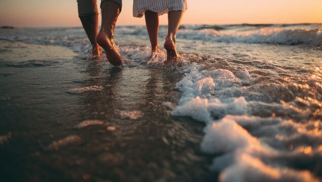 Barefoot couple walking in shallow ocean waves at sunset - Powered by Adobe